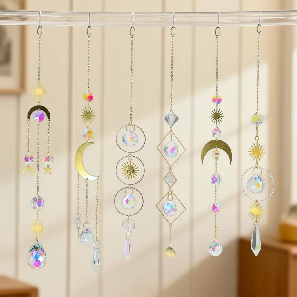 6PCS AB Crystal Suncatcher Hanging Sun Catcher with Chain Rainbow Maker Pendant Crystal Balls Prism for Window Home Garden Christmas Party Wedding Decoration