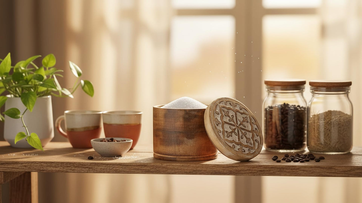 Decorative Rustic Wooden Sugar Bowl With Lid Wide Mouth Candy Treat Jar Spice Jar Holder Condiment Nuts Serving Bowl Pot Salt Spice Herb Loose Leaf Tea Storage Container Novelty Home & Kitchen