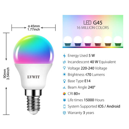 LVWIT Smart E14 Light Bulbs, Golf LED Bulb,470Lm, Color WiFi,5W Replace 40 Watt,Smart Light Bulbs Screw E14,Compatible with Alexa Google Assistant,TUYA/Smart Life APP Bulb 4 PCS