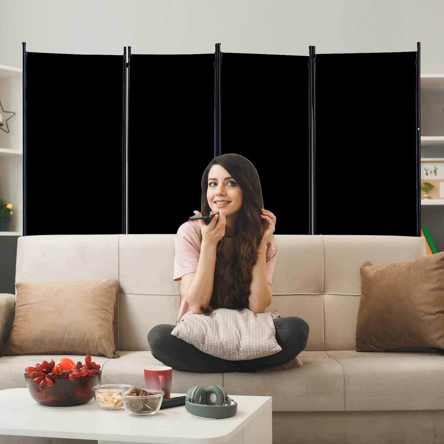 Room Dividers Folding Privacy Screens 4 Panel Partition Screen Steel Frame& Frabic Office Partition for Home Office Dorm Decor Black