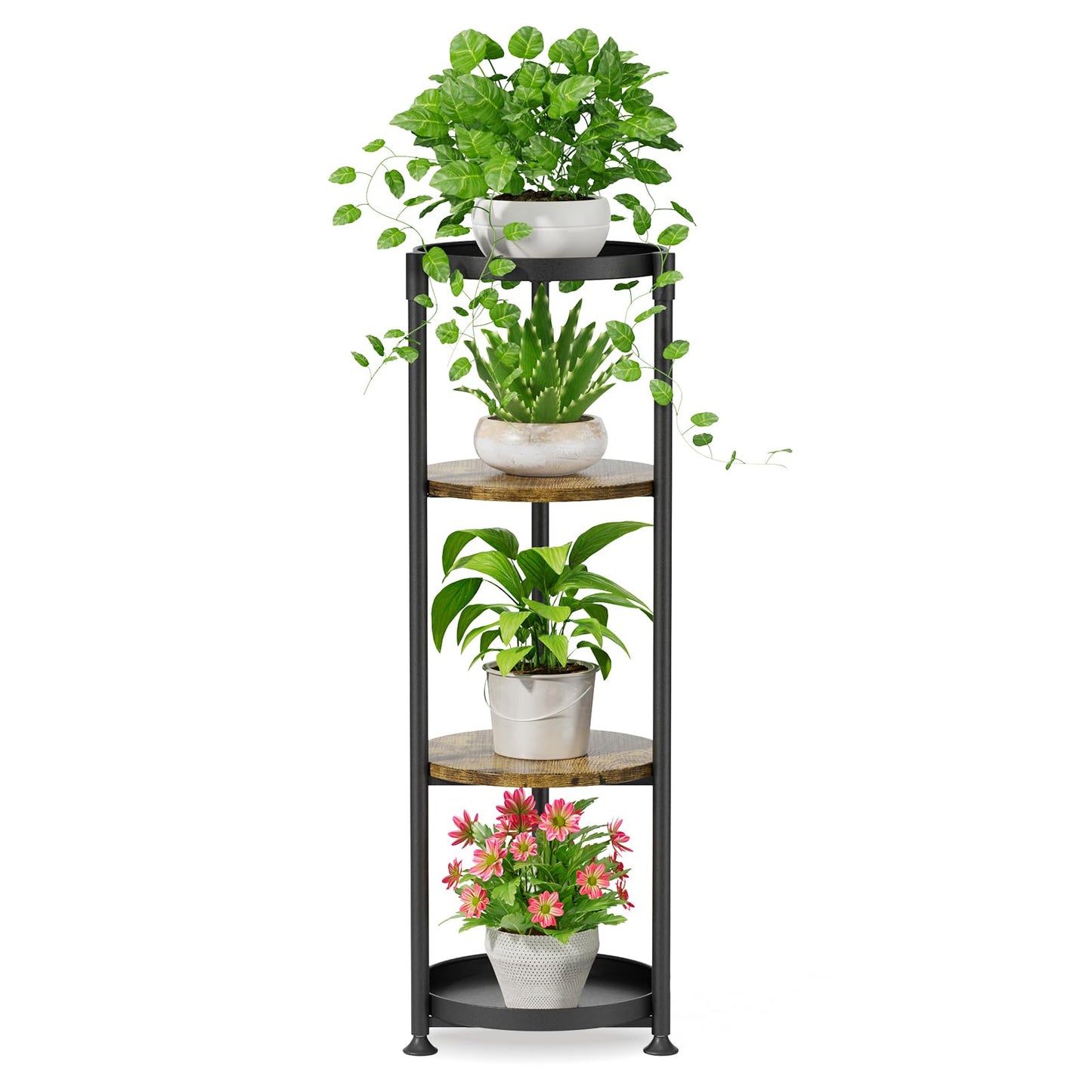 iDavosic.ly 4 Tier Corner Plant Stand Indoor, 45 Inch Tall Vertical Metal Flower Heavy Duty Pot Holder Shelf Outdoor for Patio Porch Living Room, Modern Black & Rustic Brown - Round