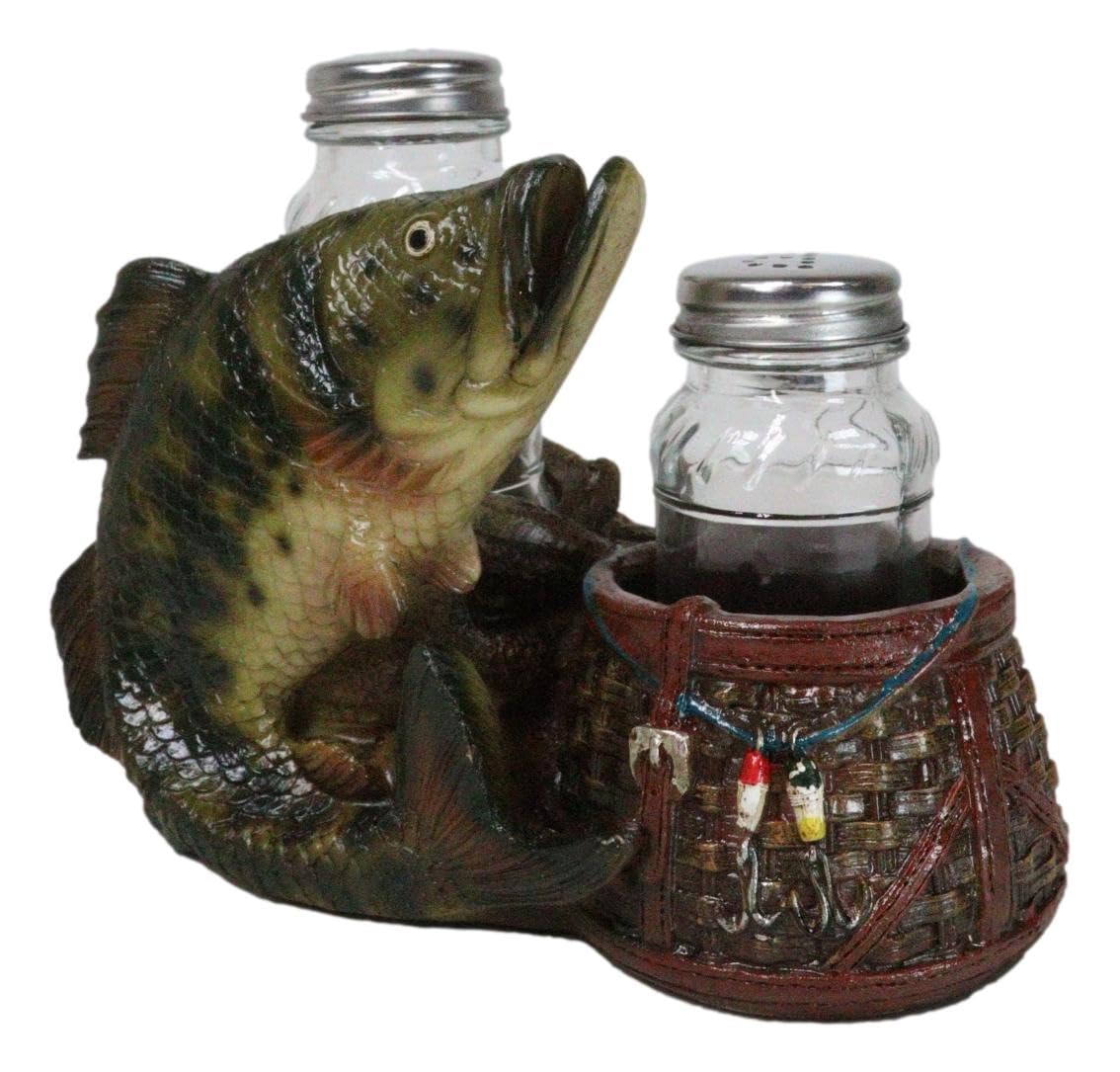 Ebros Gift Nautical Marine Fisherman Sea Bass Fishing With Tackle Box Wicker Saddle Bags Salt and Pepper Shakers Holder Figurine Set for Rustic Cabin Lodge Restaurant Bar Kitchen Decor