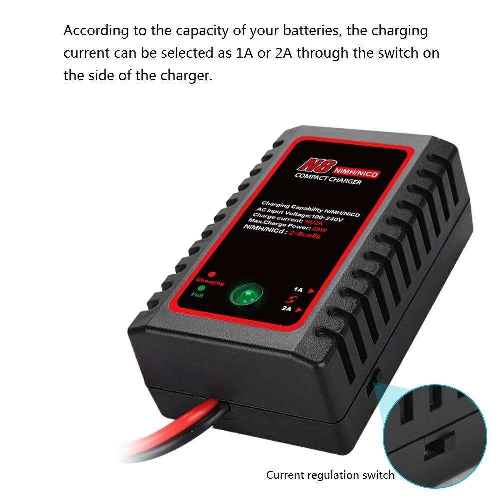 HTRC N8 NiMH Charger for 2-8s Nimh/NiCD Battery Pack(2.4V 3.6V 4.8V 6V 7.2V 8.4V 9.6V) of Airsoft RC Car RC Boat Drone,RC Charger for NiMH/NiCD Battery Pack with Standard/Mini Tamiya Connector