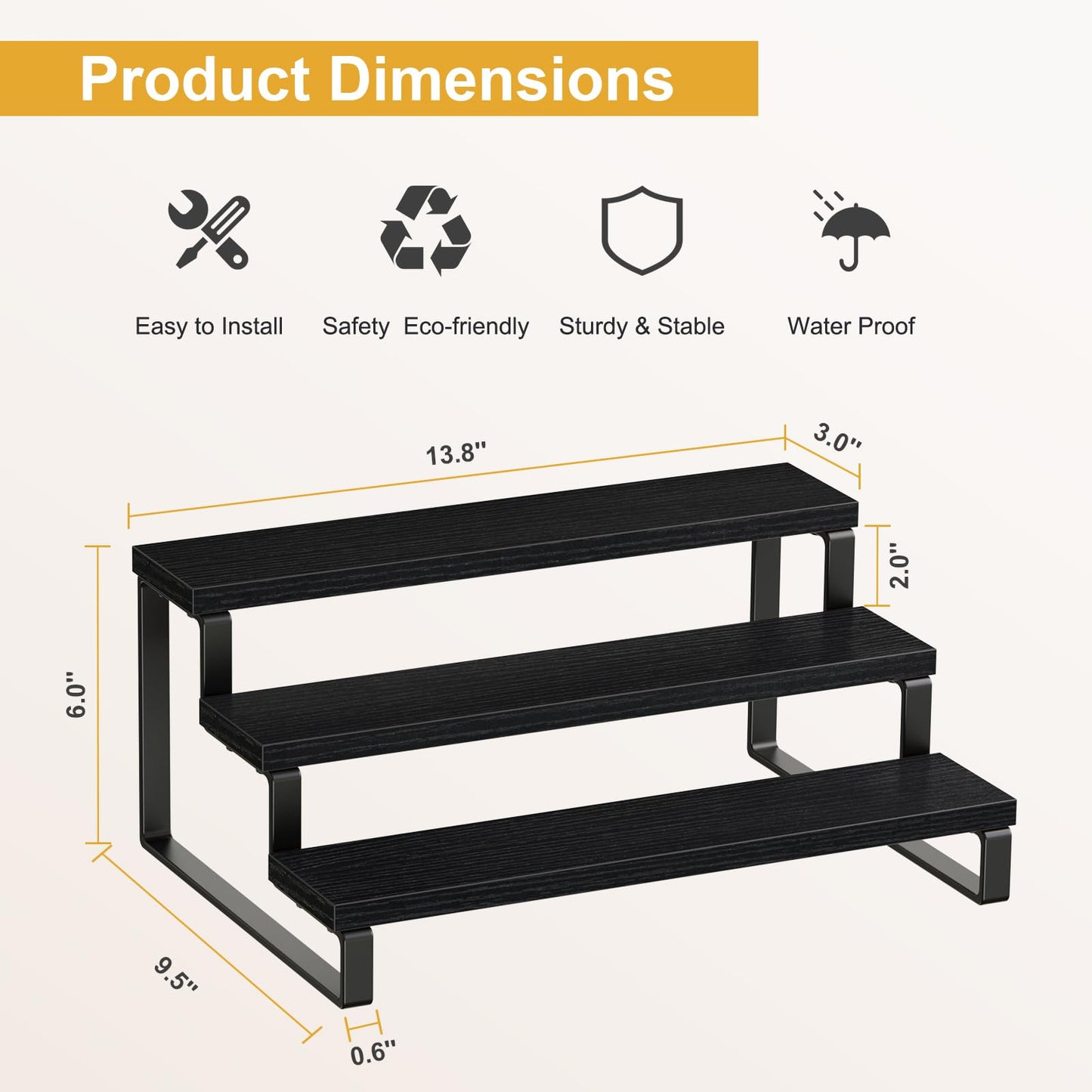 Giikin 3 Tier Spice Rack, Set of 2 Wooden Spice Rack for Countertop, Cabinet Organizer Shelf Kitchen Counter Storage Shelves Cupcake Stand Holder Display Stand, Black