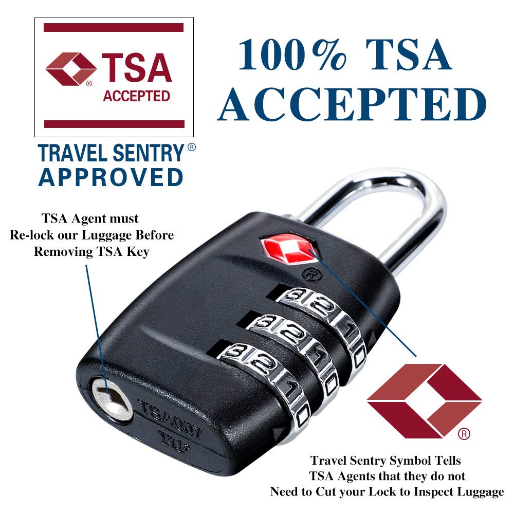 TSA Luggage Locks (4Pack) - 3 Digit Combination Padlocks - Approved Travel Lock for Suitcases & Baggage (Black)