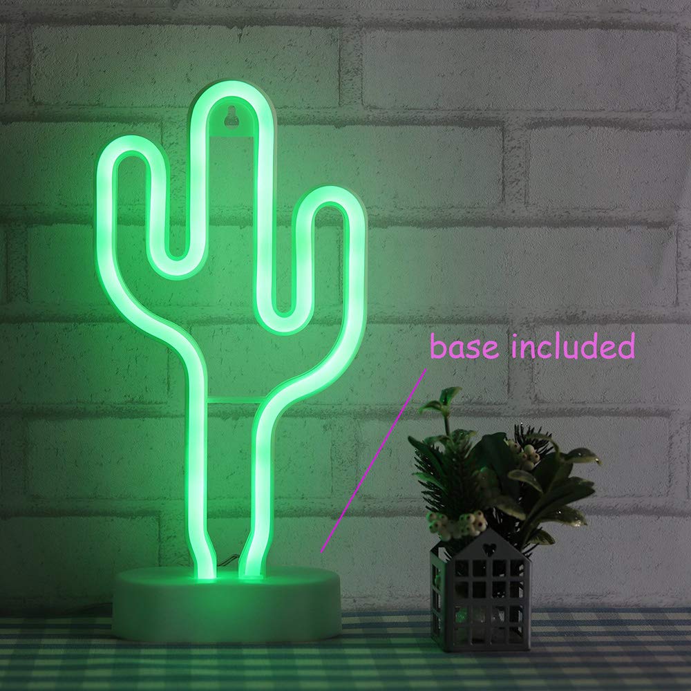 Green Cactus Neon Light Signs LED Cactus Neon Night Lights with Pedestal Room Decor Battery/USB Operation Lamps Neon Signs Light Up Children's Room Bedroom Wedding