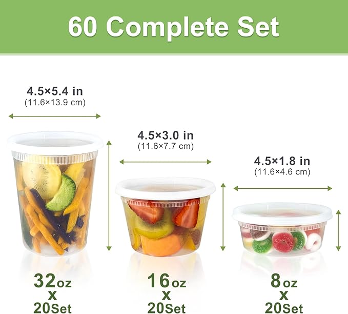 60 Sets Deli Containers with Lids, 32/16/8 oz X 20 Set Each, Leak-Proof & BPA