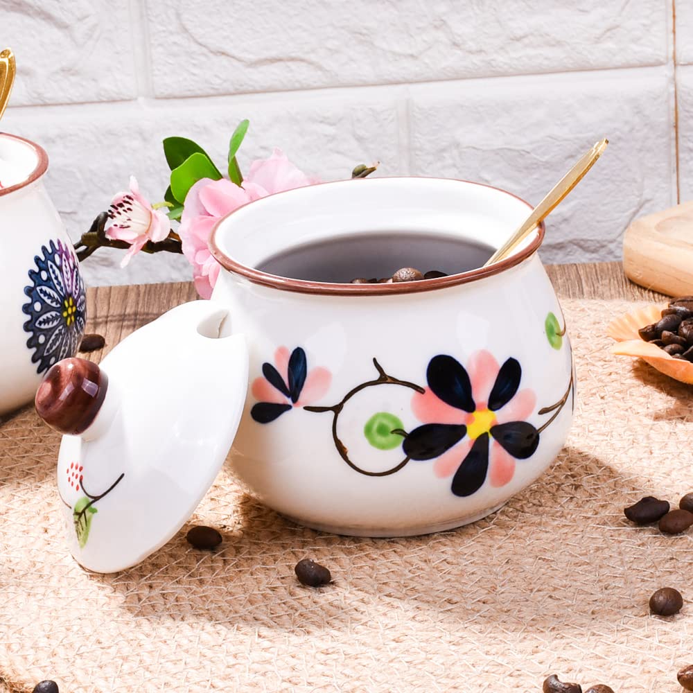 Whitenesser Ceramic Sugar Bowl with Lid and Spoon - 10.8oz Hand-Painted Floral Sugar Jar, Porcelain Salt Cellar for Kitchen Counter & Coffee Bar - Decorative Spice Jar for Honey, Jam, Seasoning