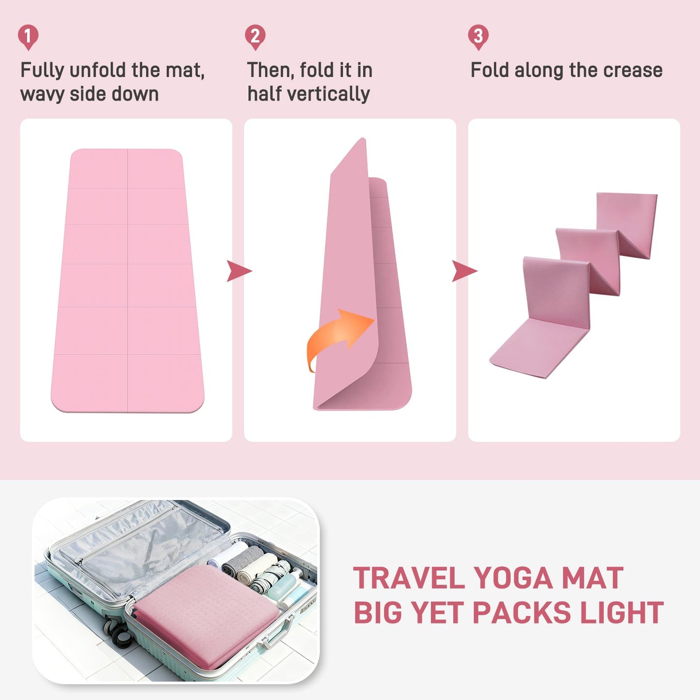Kanonmaori Foldable Yoga Mat for Travel 72"x 32"x 0.32"Inch, 8mm Thick Folding Exercise Mat, Outdoor Non-slip Pilates Mat for Women & Men, Wide Yoga Mat Packable for Workout and Fitness（pink）