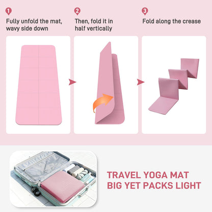 Kanonmaori Foldable Yoga Mat for Travel 72"x 32"x 0.32"Inch, 8mm Thick Folding Exercise Mat, Outdoor Non-slip Pilates Mat for Women & Men, Wide Yoga Mat Packable for Workout and Fitness（pink）