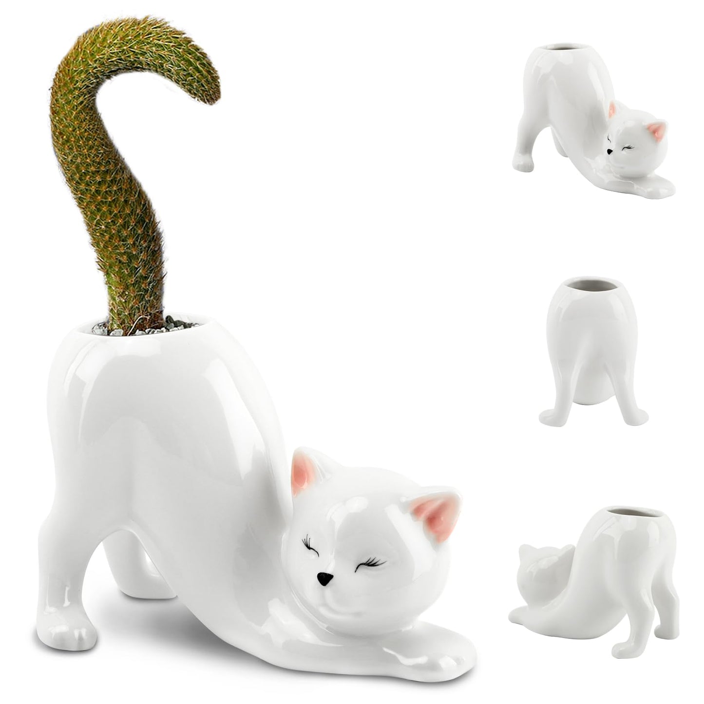 HKZTUY Ceramic Cat Planter Pot for Succulents and Cactus, Small Indoor Kitty Flower Pot with Drainage Hole, 5.71 x 2.95 x 3.86 in, Cute Desk Shelf Home Office Decor, White