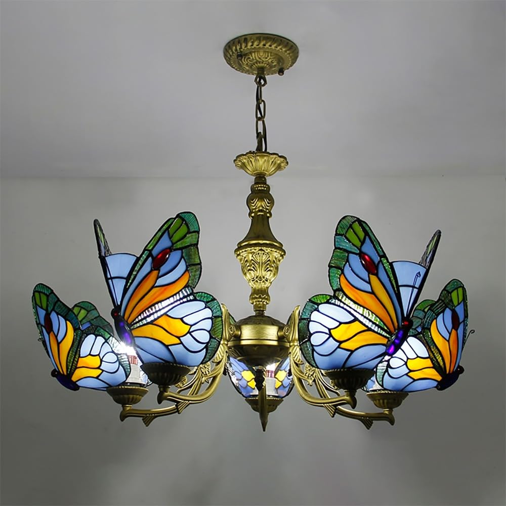 Aeyee Stained Glass Chandelier, Tiffany Style Hanging Light, Classic Blue Butterfly Pendant Light Fixture for Living Room Dining Room (5 Lights)