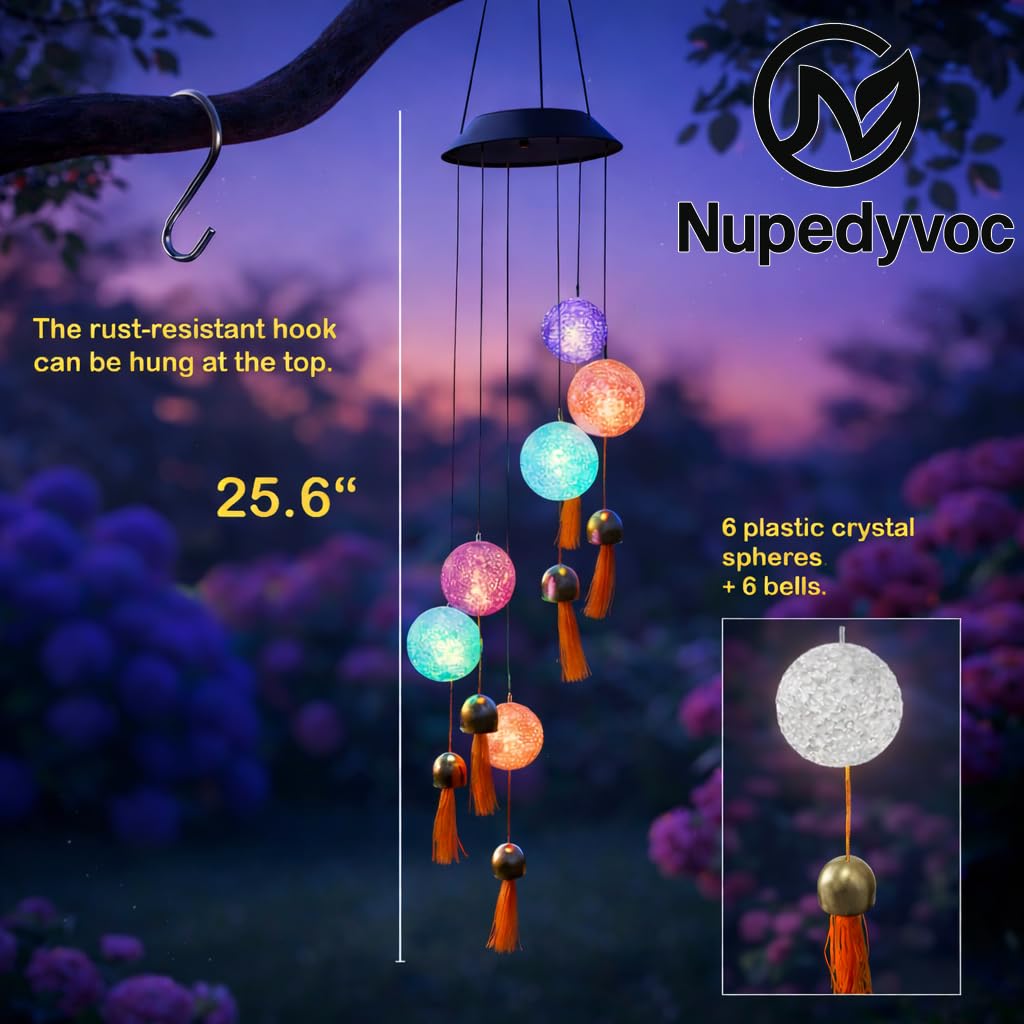 38” Mini Ball Bell Solar Light LED Wind Chime for Outside, Weather Resistant Decoration Outdoor Garden Patio Subtle Tone Decor, Ideal Gift for Birthday, Mother's Day, Meditation, Ambiance