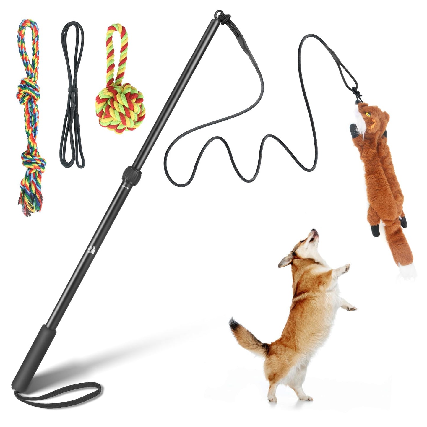 YILAKO Flirt Pole for Dogs - Heavy Duty Interactive Dog Rope Toy, Agility Training Fishing Pole for Large and Small Breeds, Durable Exercise Stick with Replaceable Tails (squeaky toys)