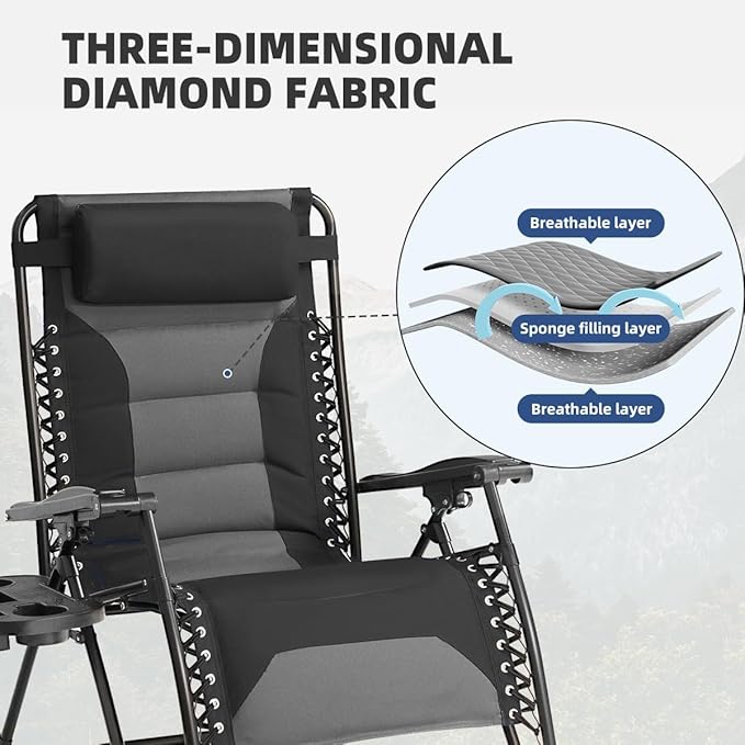 Zero Gravity Chair Set of 2 Oversized Padded Recliner with Adjustable Headrest & Cup Holder - 600D Oxford Folding Lounge Chair for Outdoor Camping, Patio, Poolside (Black & Gray)