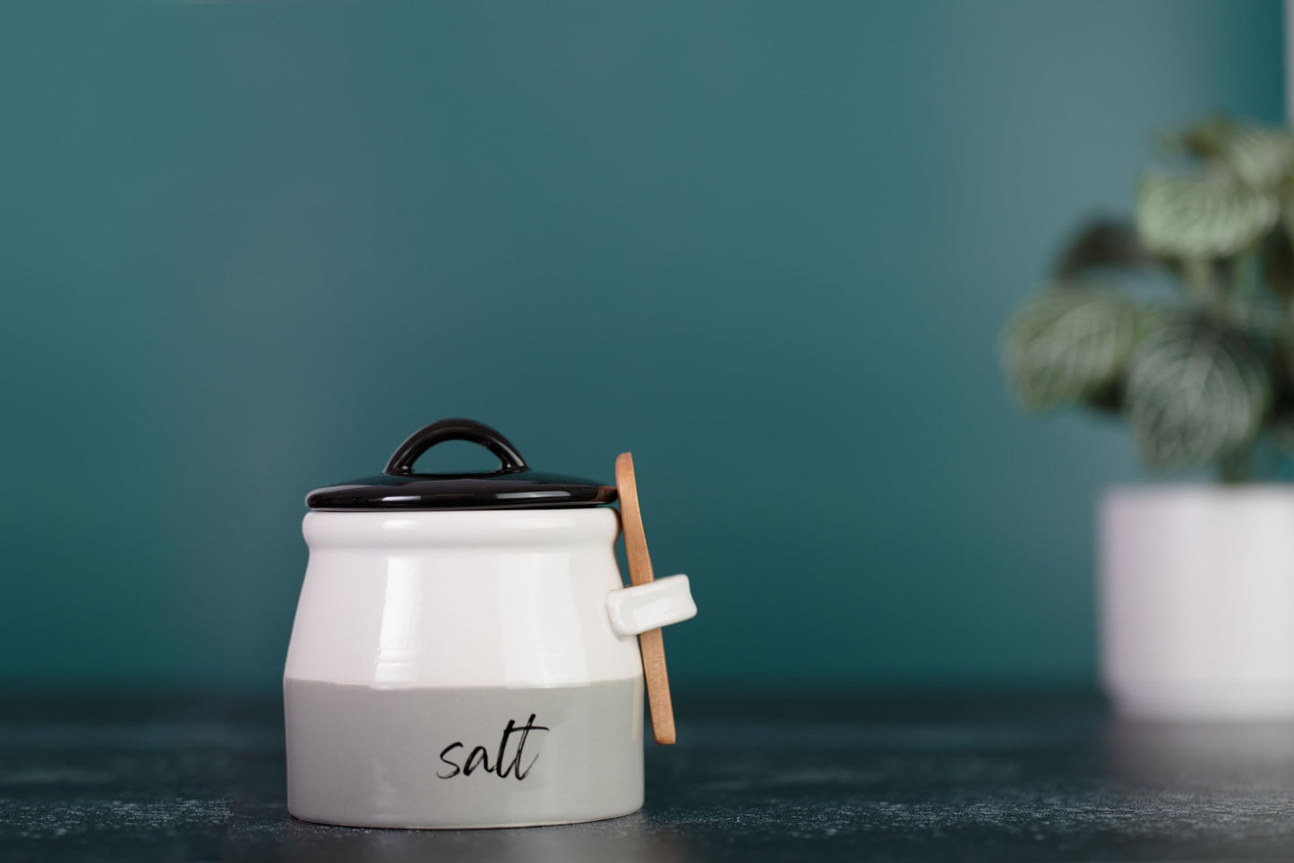 Keika Collective Salt Cellar with Lid and Spoon 10 oz - Handmade Ceramic Salt Keeper with 1.75 inch Lid and 3 inch Bamboo Spoon - Stylish Salt Container for Kitchen Decor