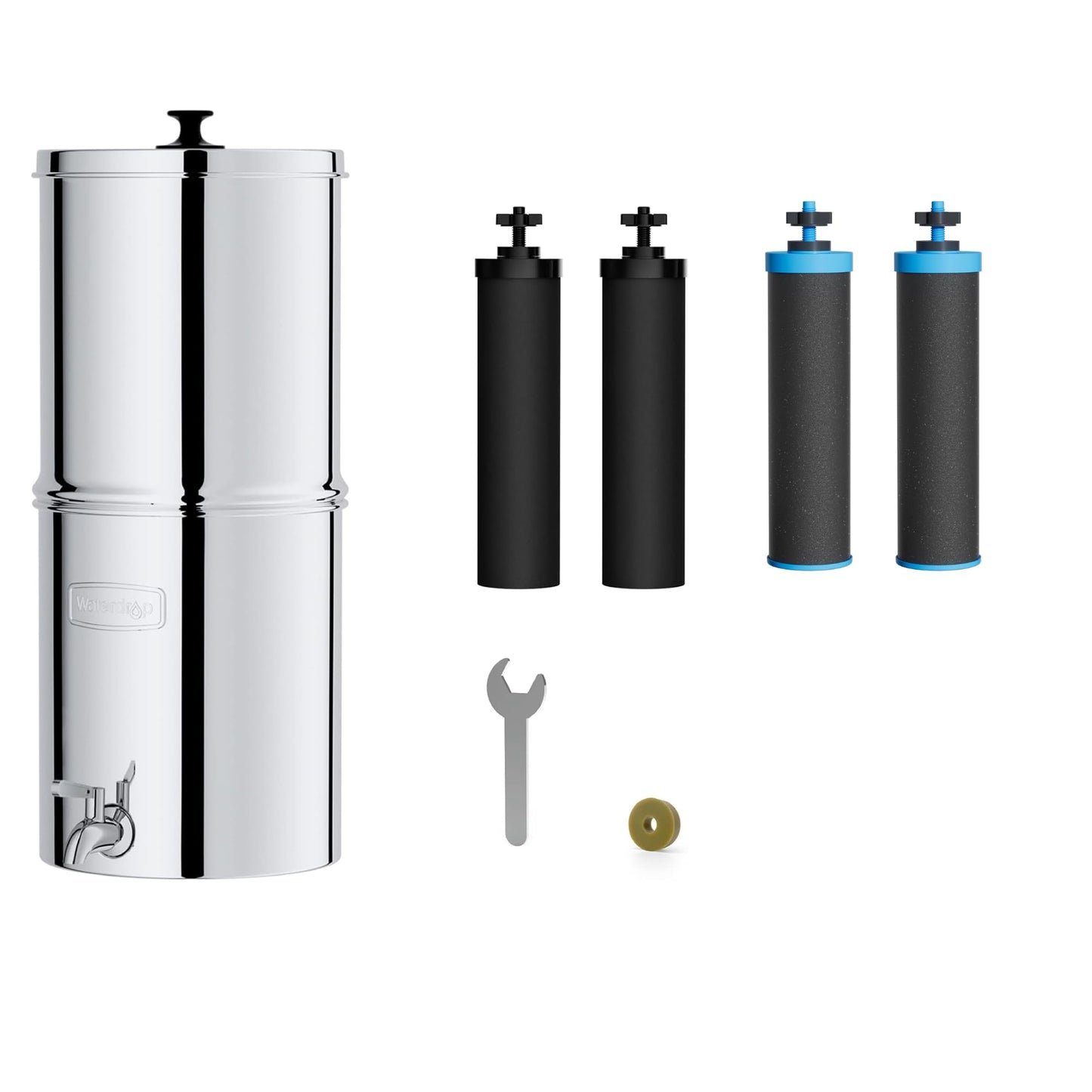 Waterdrop Gravity-fed Water Filter System, Reduces Lead and up to 99% of Chlorine, NSF/ANSI 42&372 Standard, with 4 Black Carbon Filters and Metal Spigot, King Tank Series,