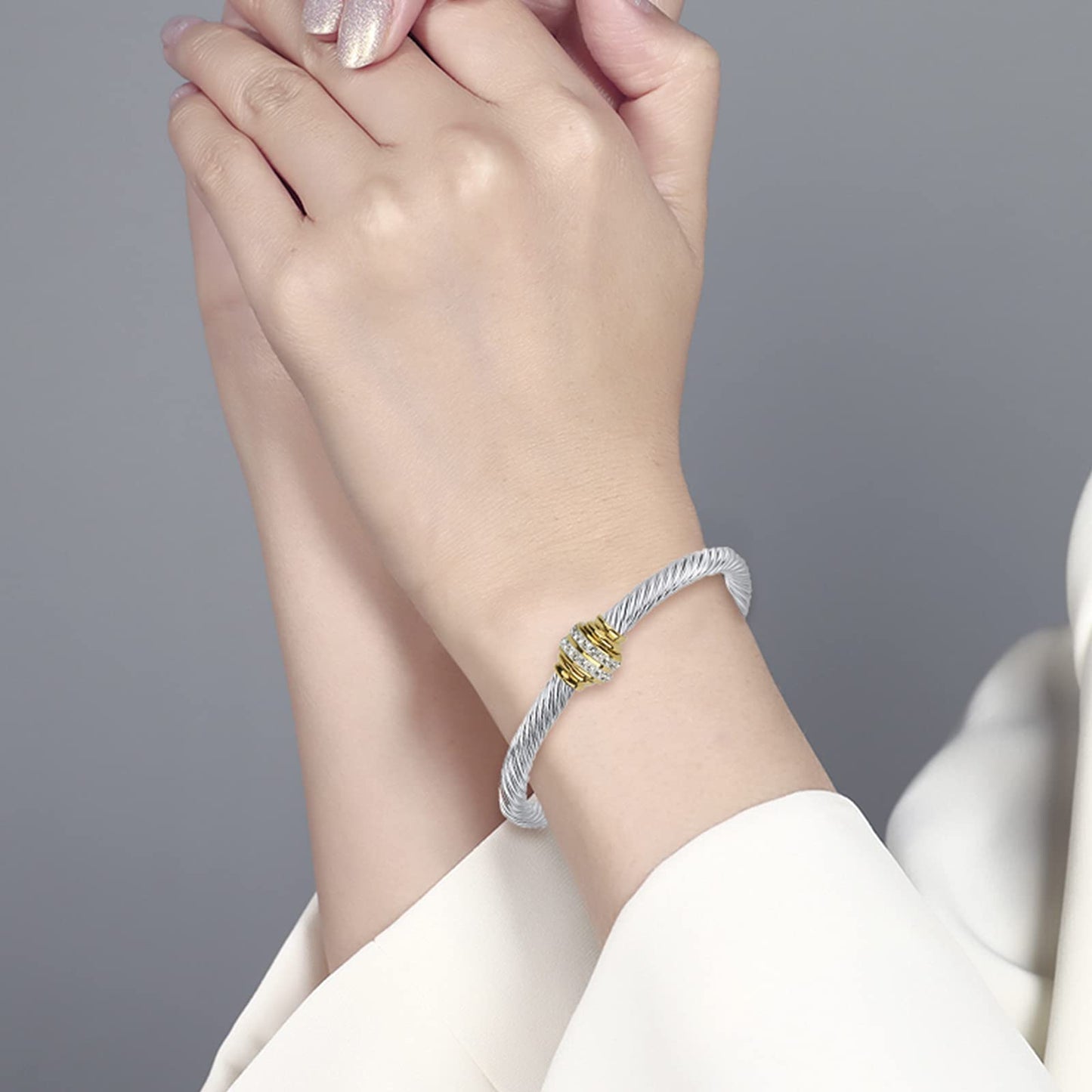 Tiyad Cable Bracelet Stainless Steel Vintage Twisted Wire Composite Open Bangle Bracelet, Adjustable Cuff Bangle Bracelet for Women & Men (Two-tone)