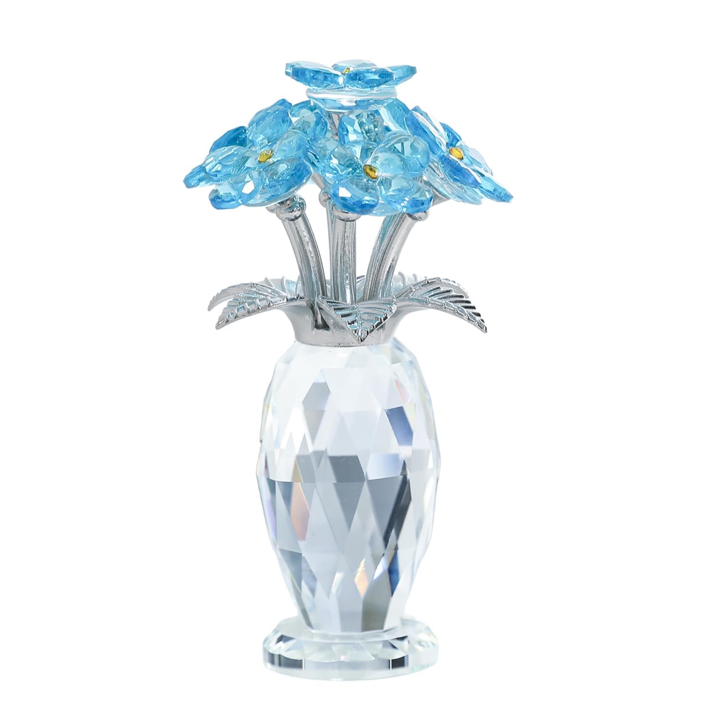 MysticGlitz Crystal Forget-Me-Not Flowers Figurine, Blue Glass Flower Bouquet with Silver-Plated Stem & Faceted Crystal Vase, 5.7" Tall Crystal Collectible, Home Decor