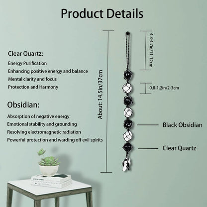Runyangshi Hanging Car Charm Clearn Crystal Black Obsidian Healing Crystal and Stones Natural Crystals Car Hanging Omament with Chips Stones Accessories Rearview Mirror Decorations