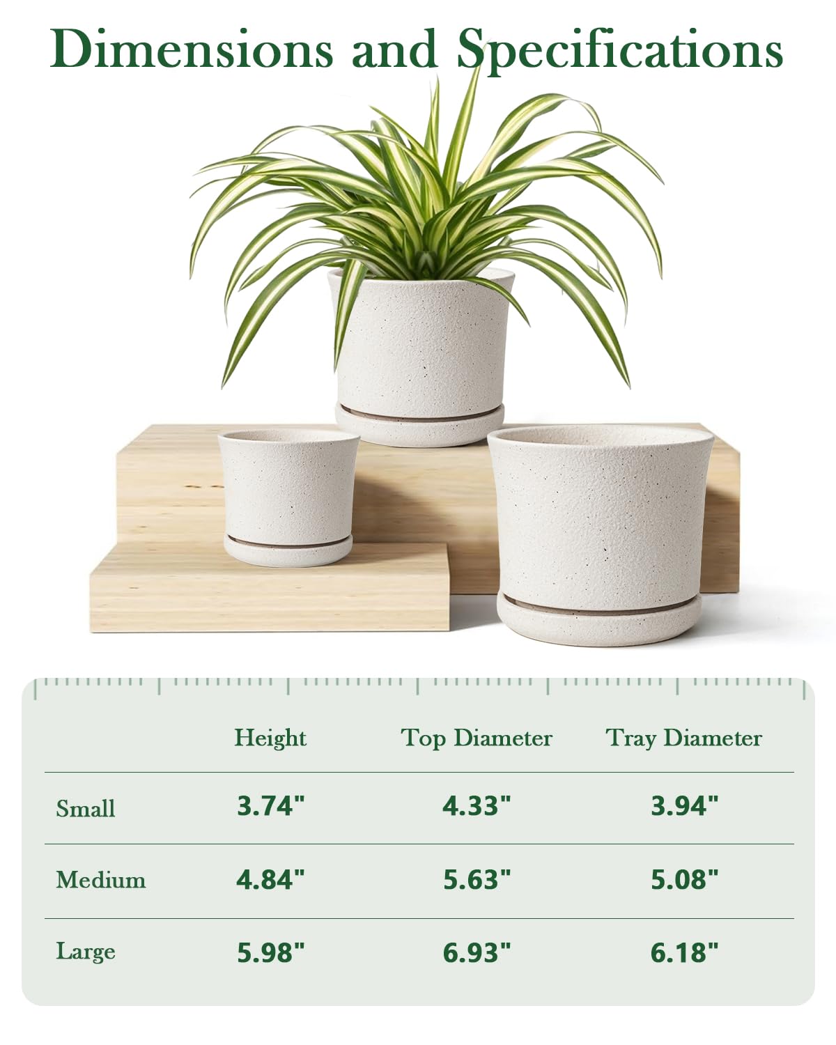 Avyra Velen Ceramic Plant Pots Set of 3 with Saucers, 4.3/5.5/7 Inch Planters for Indoor Plants, Drainage Hole Flower Pots for Succulents, Herbs, Aloe, Modern Home Decor, White