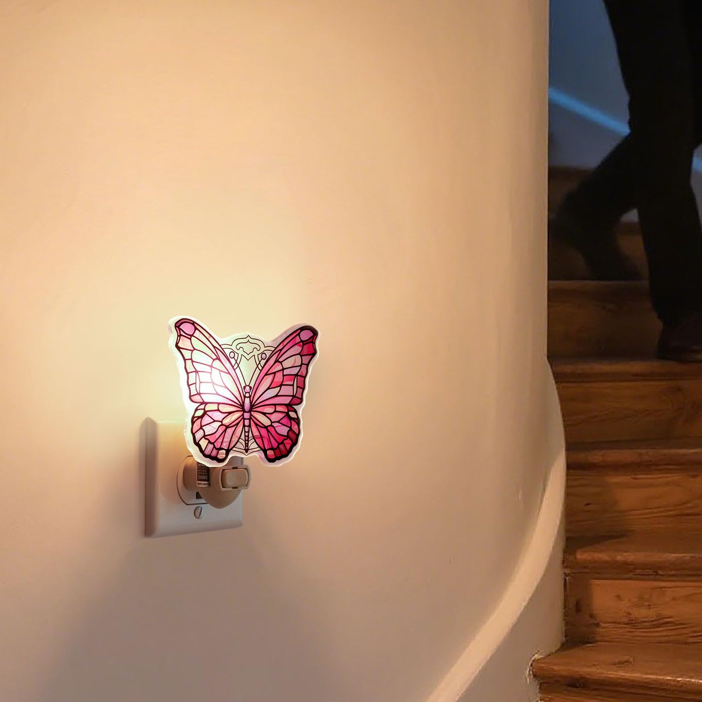 VOUWOWOX Pink Butterfly Night Light – Stained Glass Styled Plug-in Wall Light for Vertical Outlets – Real Glass, Warm Glow for Bedroom, Bathroom, Hallway – Gift for Butterfly Lovers