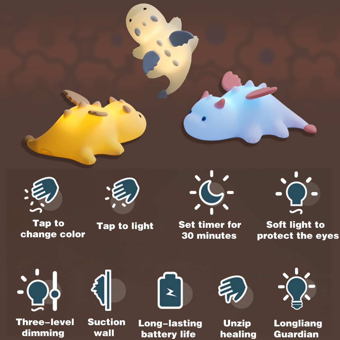 Yesinaly Cute Silicone Night Light for Kids - Touch Control LED Nursery Lamp for Baby Toddler Bedroom, Portable Battery Powered Nightlight for Nursery Nightstand - Dragon Design, Cream