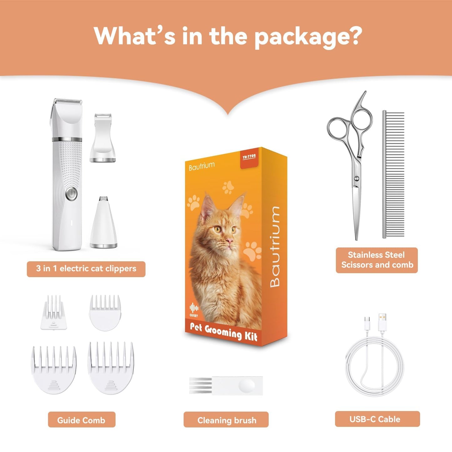 Bautrium Cat Grooming Clippers Kit, Low Noise Cat Shaver for Matted Fur Claw - Paw Trimmer for Dogs with Stainless Steel Scissors Combs & USB-C Charging Cable
