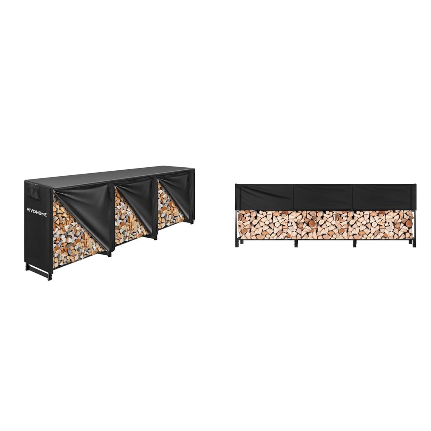 VIVOHOME 10ft Heavy-Duty Firewood Rack with Cover, Outdoor Log Holder Combo, Black and Upgraded 12ft Heavy-Duty Firewood Rack with Cover, 4400lb Capacity Log Holder, Black