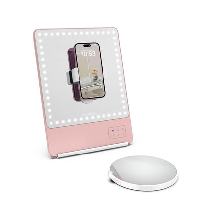 GLAMCOR Riki Skinny Smart Vanity Mirror with HD LEDs, Magnifying Mirror Attachment, Phone Holder and Bluetooth Control (Rose Gold, 10X Magnification)