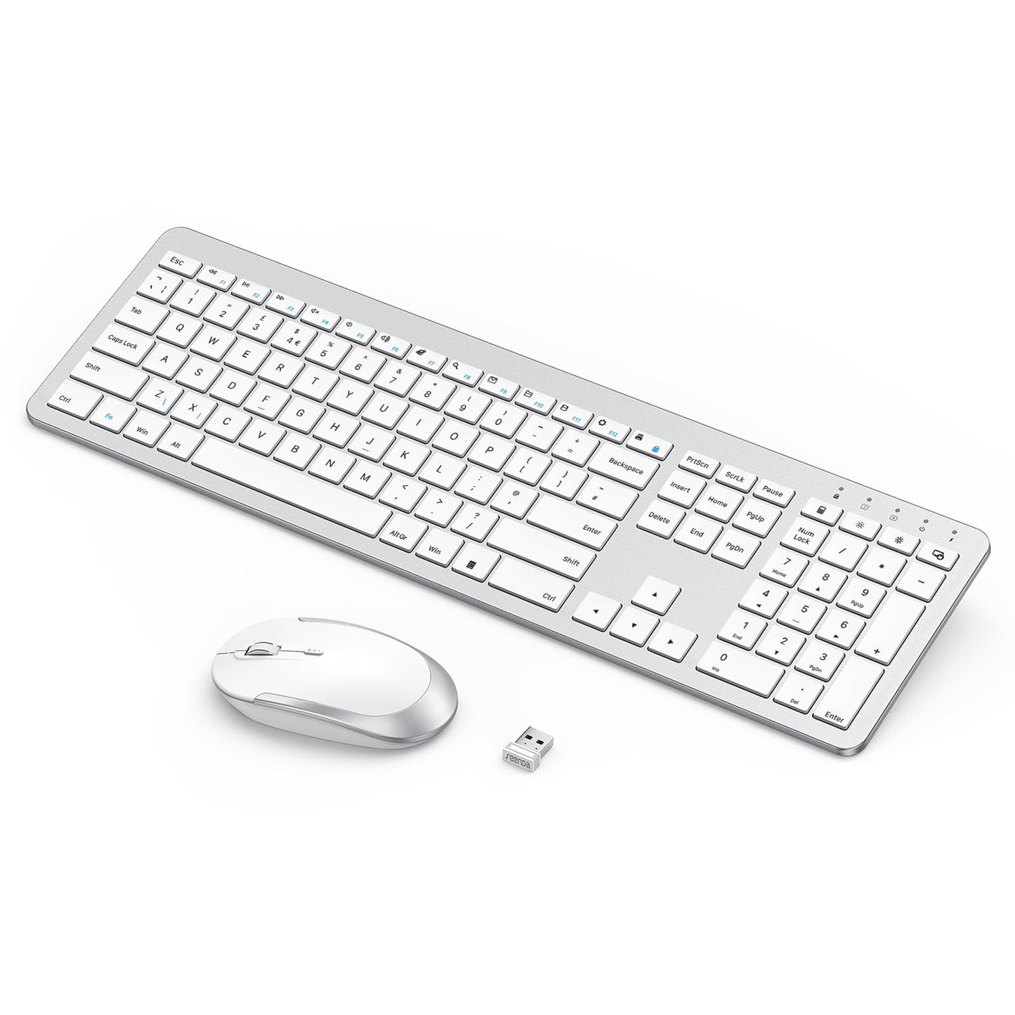 seenda Rechargeable Wireless Keyboard and Mouse, SK38-3 Ultra Slim Quiet USB Keyboard and Mouse Set for Windows Laptop PC, Full-Size QWERTY UK Layout, Silver and White