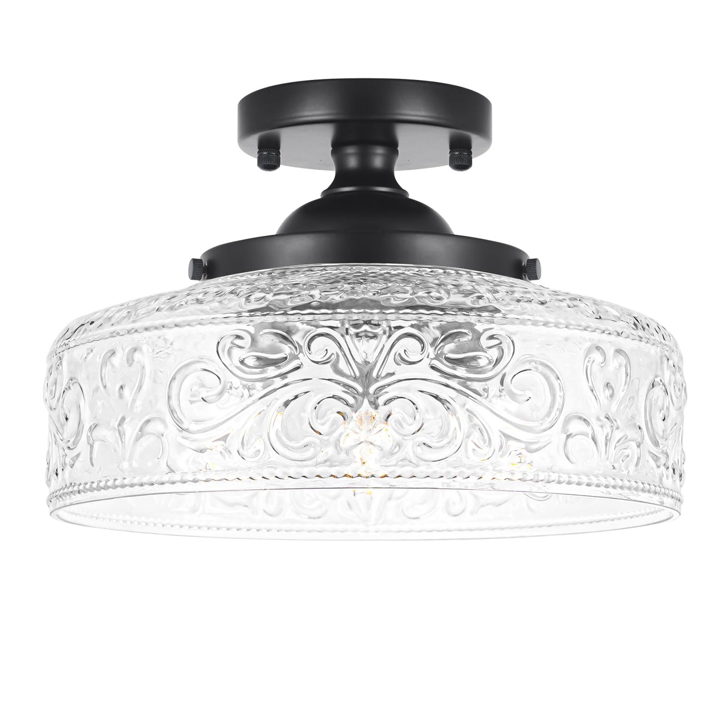 Daunton Semi Flush Mount Ceiling Light Fixture, Vintage Matte Black 3-Light Fixture with Etched Crystal Glass Shade for Kitchen,Hallway, Entryway, Bedroom (No E12 Bulbs Included)