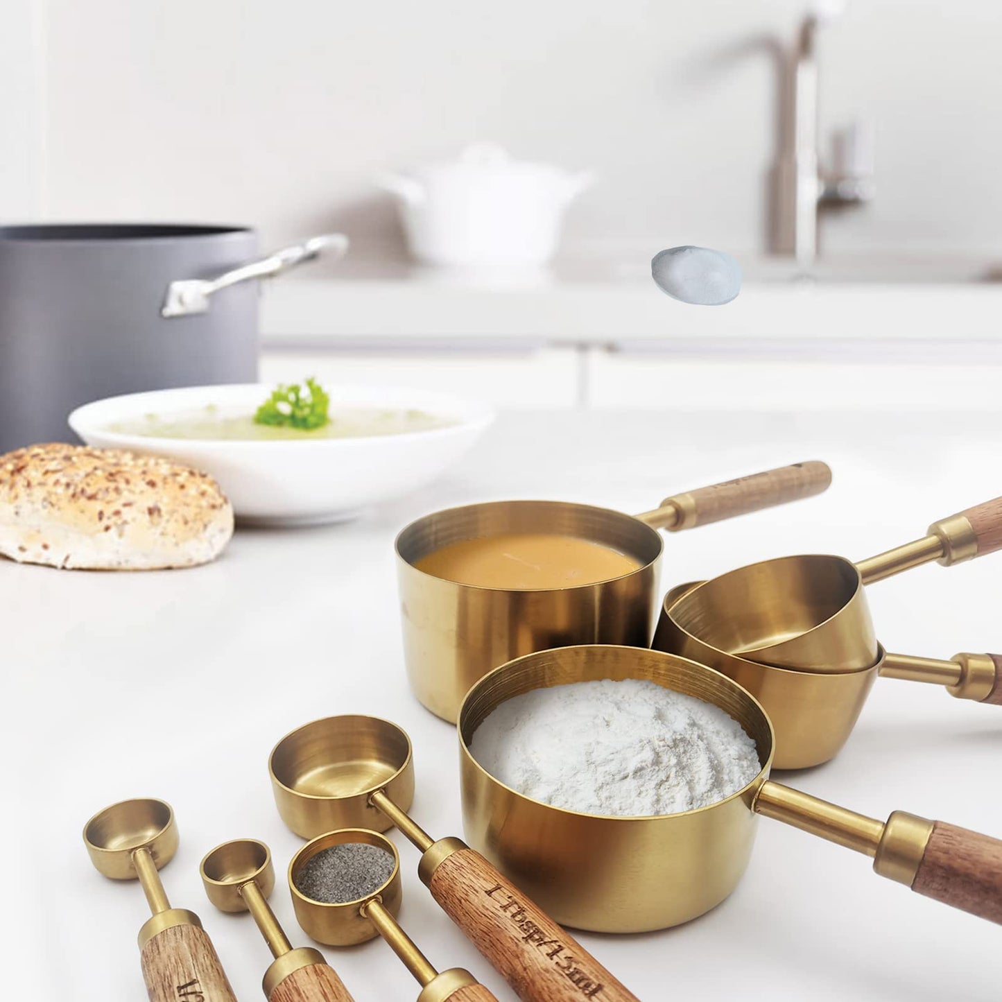 Zalaxt Gold Measuring Cups and Spoons Set with Fragrant Wood Handle, Measuring Cups, Metal Measuring Spoons and Measuring Cup Set for Cooking & Baking, Set of 8 pcs