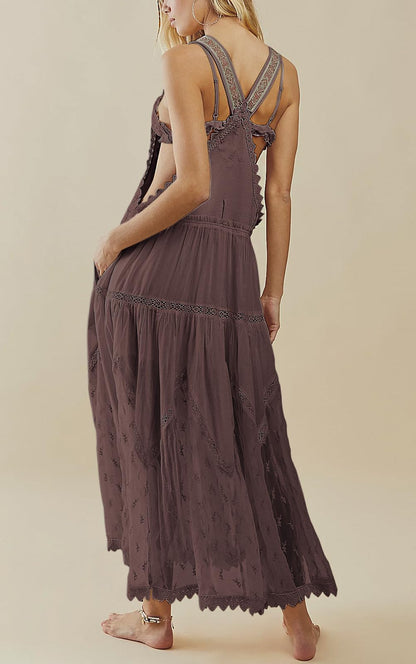 Women's Casual Lace Embroidered Maxi Dress Adjustable Strap Pleated Tiered Swing Long Dress with Pockets