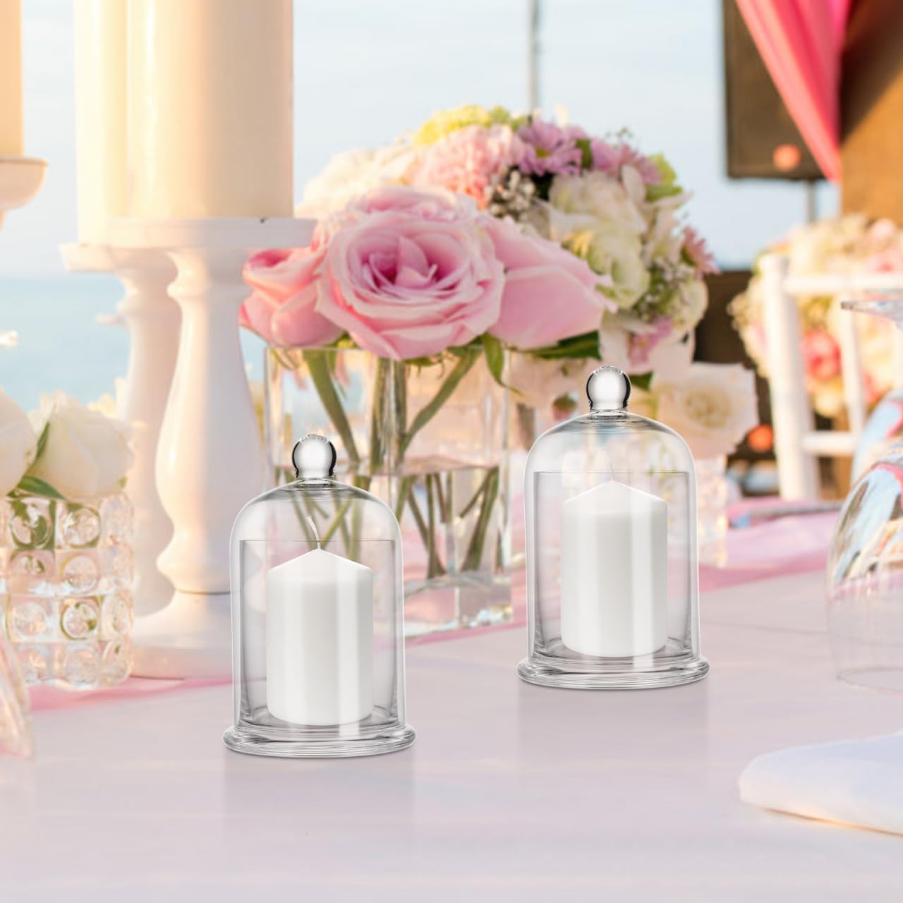 iplusmile 2 Pack Hand Blown Glass Candle Holder for Pillar Candles, 6.2 Inch Bell Jar Cloche Candlestick for Wedding Table Centerpiece, Clear Votive Cup for Party Home Decor