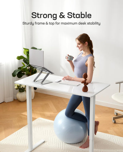 Marsail Glass Electric Standing Desk with Drawer, 40 x 24 Inches Height-Adjustable Desk, One-Piece Tempered Glass Top, Ergonomic Home Office Sit Stand Desk with 4 Preset Heights, White