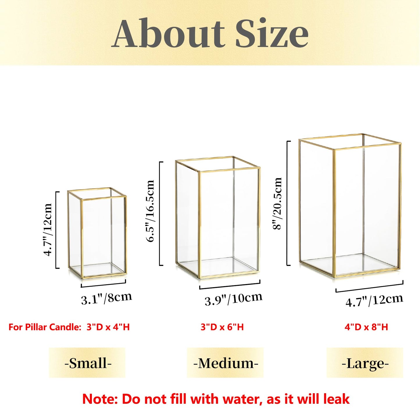 Glass Hurricane Candle Holder Large - Hewory 3pcs Gold Rectangle Flower Holders Centerpiece for Table, Tall Floor Square Pillar Candle Lantern for Wedding, Anniversary, Party, Fireplace, Dining Room