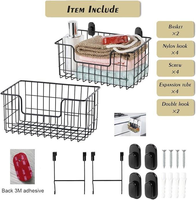 Wire Storage Basket 2 Packs, Wall Mounted Kitchen Bathroom, Hanging Cabinet