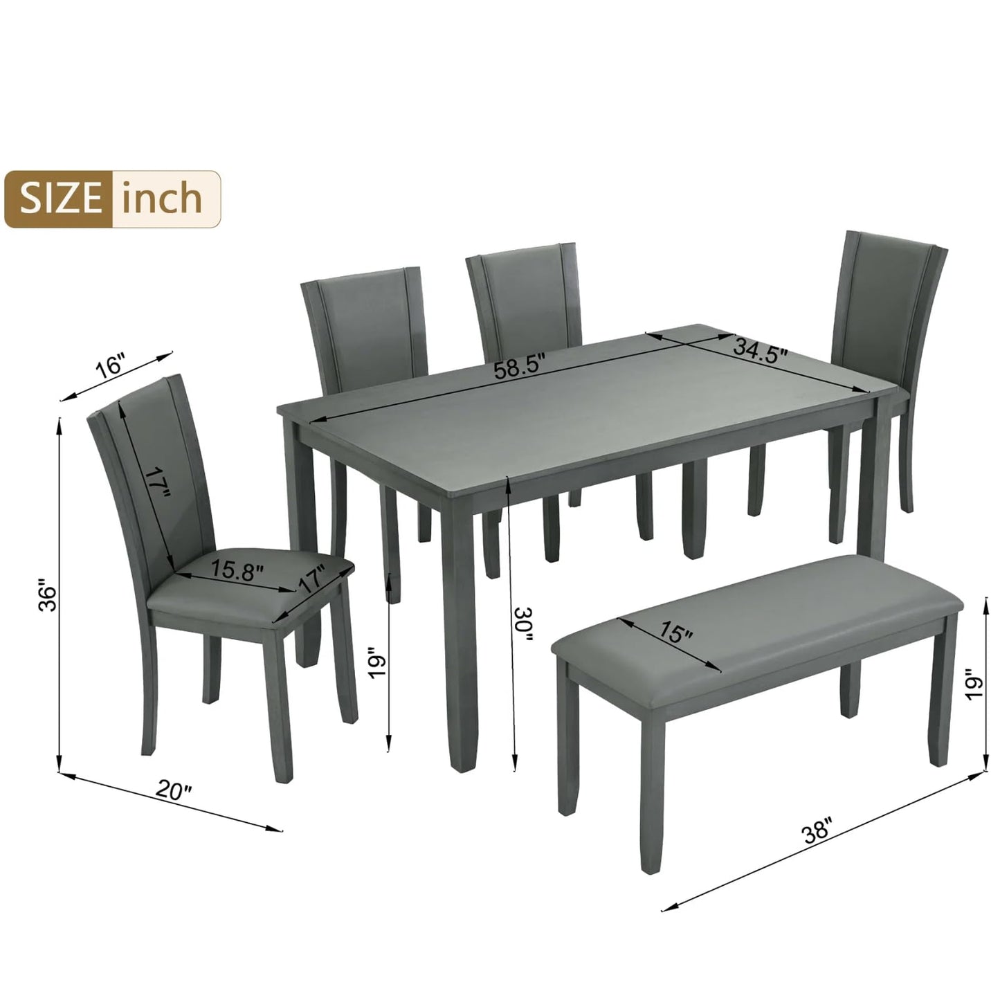 Trygoal Dining Table Set for 6, Farmhouse 6 Piece Dining Room Table Set with Rectangular Table, 4 Upholstered Backrest Chairs and Bench, Counter Height Kitchen Sets with Warm Woodgrain Finish, Gray