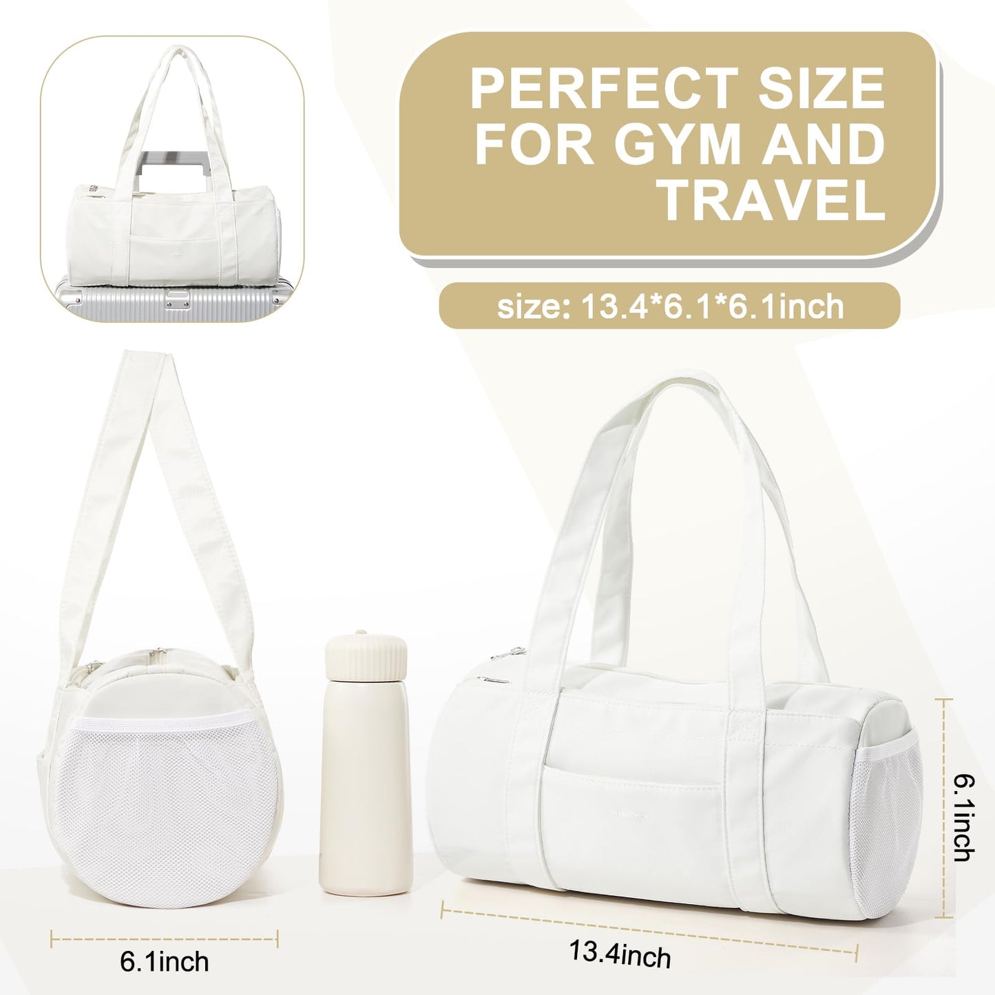 Small Gym Bag 13.78"x6.7"x6.7" Carry On Duffel Bag, Mini Personal Item Bag Lightweight Tote Weekender Overnight Bags for Women and Men Sports, Traveling, Swimming, Yoga (Cream Color)