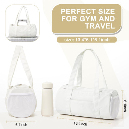 Small Gym Bag 13.78"x6.7"x6.7" Carry On Duffel Bag, Mini Personal Item Bag Lightweight Tote Weekender Overnight Bags for Women and Men Sports, Traveling, Swimming, Yoga (Cream Color)