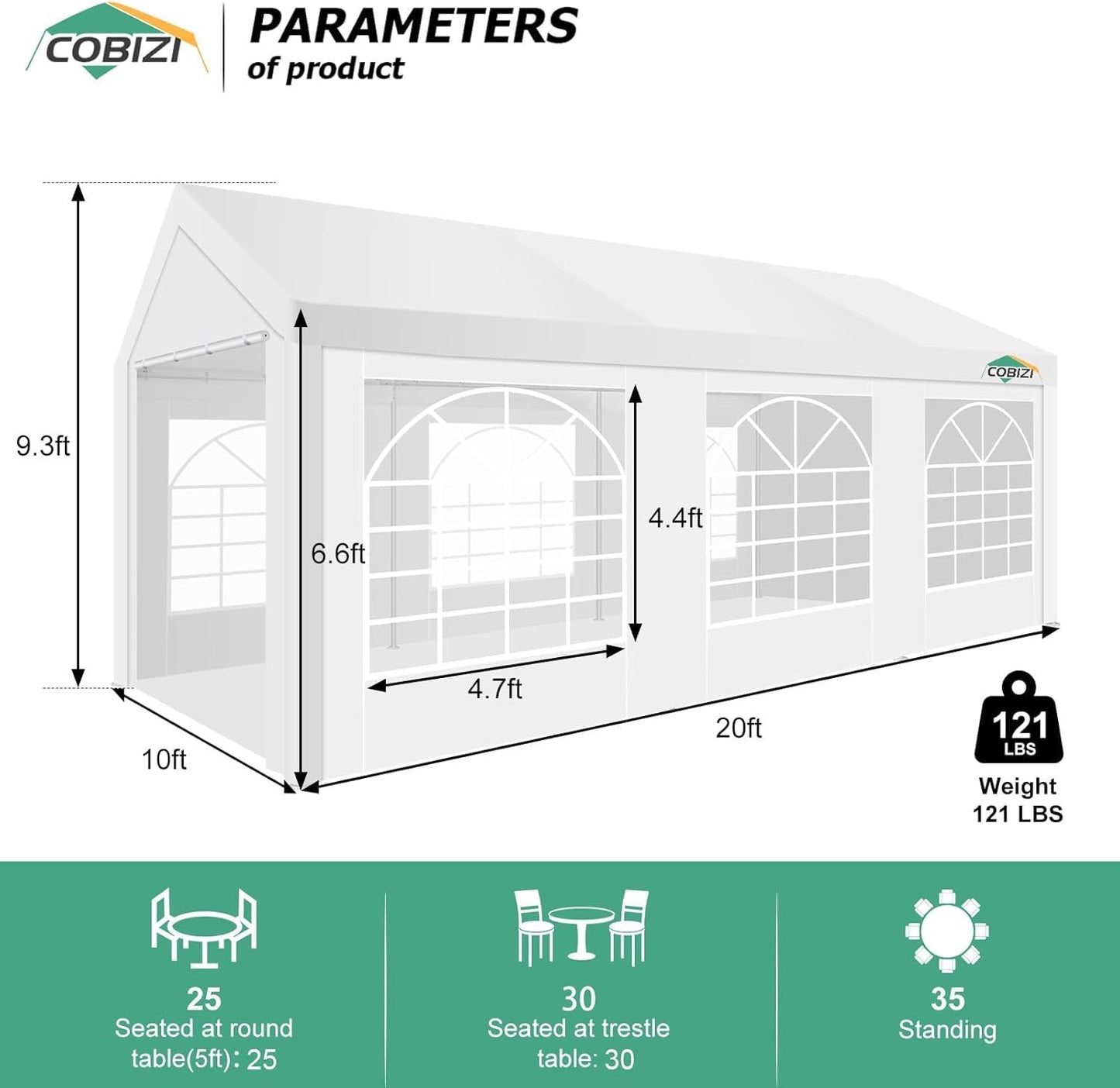COBIZI 10x20FT Party Tent Heavy Duty for Parties, Large Outdoor Gazebo with Removable Sidewall & Built-in Sandbag, Powder Coating (Better Than Galvanized), Waterproof for Church & Wedding, Pure White