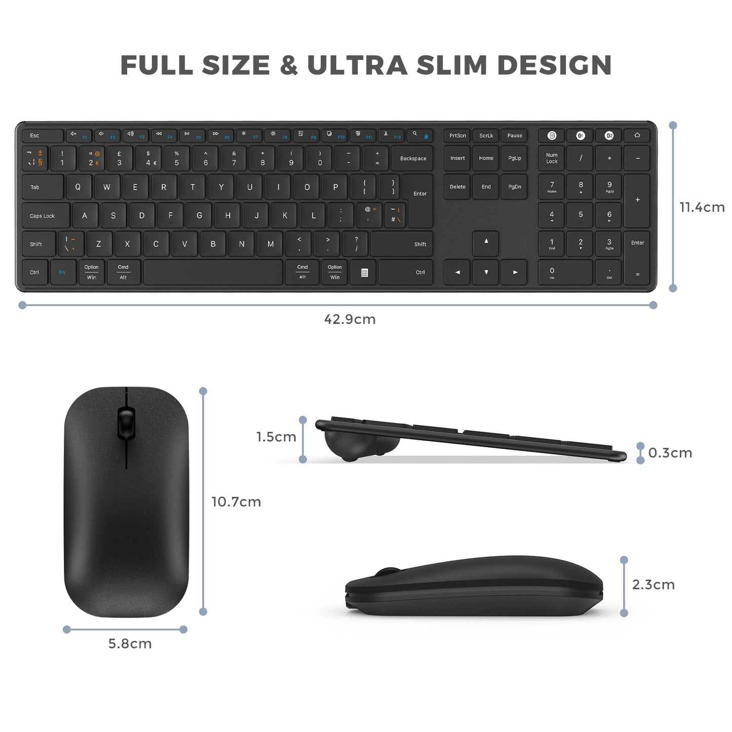 seenda SKM64-3 Wireless Bluetooth Keyboard Mouse, Multi - Device Ultra Slim Rechargeable Wireless Mouse and Keyboard Set for Windows, Mac OS, Laptop, iPad, Tablet, QWERTY UK Layout, Black