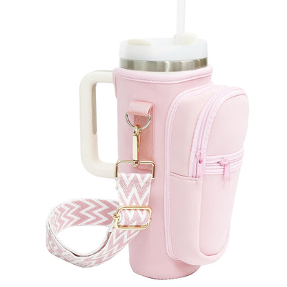 Water Bottle Holder with Strap for Stanley Cup 40 oz Tumbler with Handle, Super Large Capacity Pocket, Water Bottle Carrier Bag with Phone Pocket for Stanley Cup Accessories (Pink)