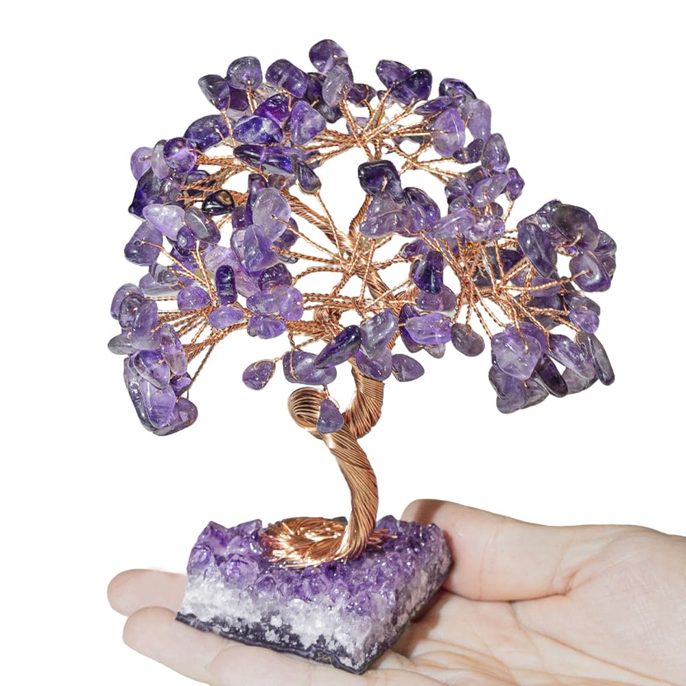 Natural Crystal Tree with Amethyst Cluster Base Tree of Life Home Decor for Shelf Bedroom Birthday Gifts Sister Gift Cute Home Office Decor Purple Crystal Crafts Housewarming Present