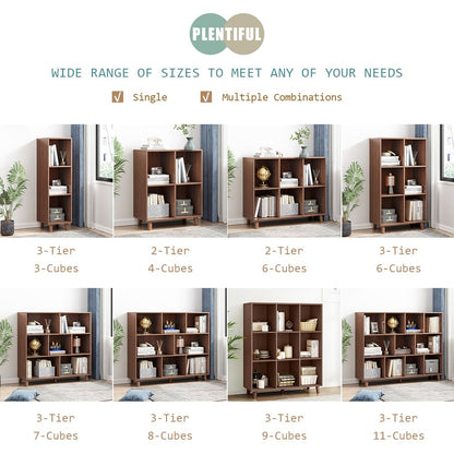 IOTXY Open Cube Low Bookcase - 3-Tier Freestanding Storage Display Cabinet Organizer with Legs for Home Office, 11-Cubes Open Shelf Short Bookshelf, Walnut