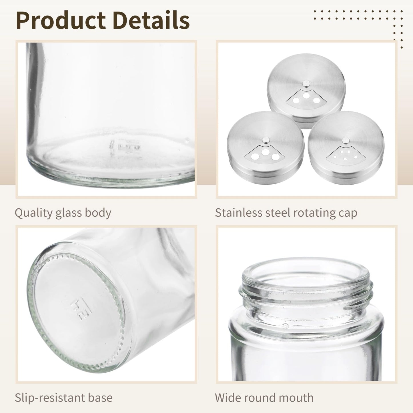 12 Pcs Glass Seasoning Shakers Set, 120 ml / 4 fl oz Spice Shakers with Stainless Steel Lid, Rotating Top Seasoning Containers for Kitchen, Controllable Salt Dispensing Bottle