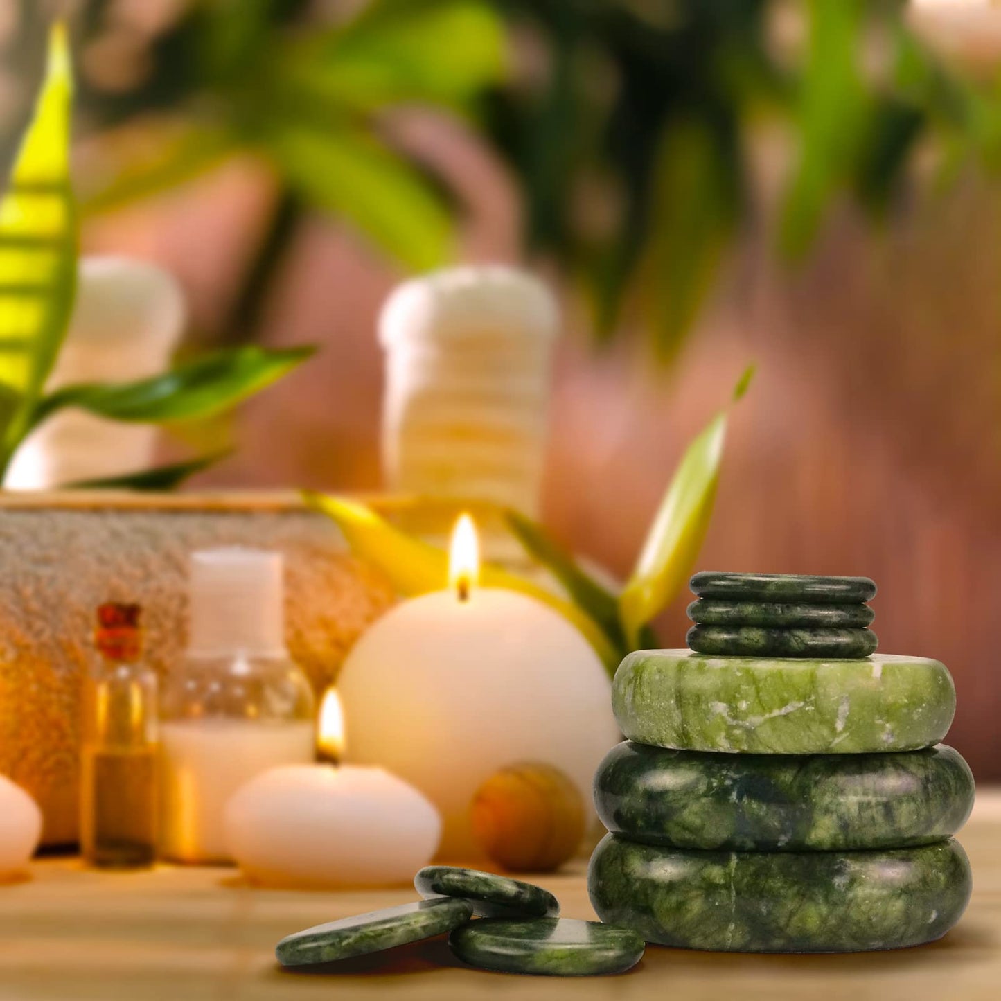 Windfulogo 16Pcs Large Hot Massage Stones Set Natural Green Jade Heated Warmer Stone for Spa Massage 776834