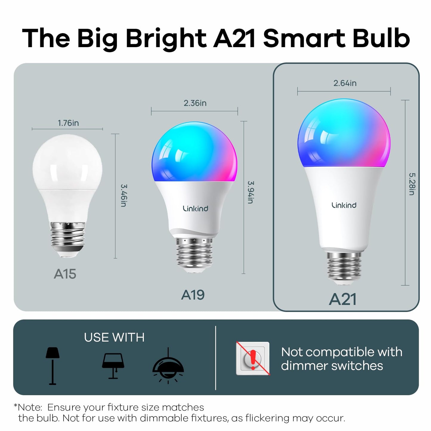 Linkind Smart Light Bulbs, 1600LM (100W Equivalent) Smart Bulb, Work with Alexa & Google Home, RGBTW Color Changing Bulb Music Sync, 2.4GHz Wi-Fi & Bluetooth, LED Alexa Light Bulbs 14W, A21 E26, 2Pack