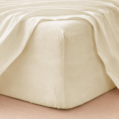 MooMee Fitted Bottom Sheet Only 100% Washed Cotton Linen Like Textured Breathable Durable Soft Comfy Deep Pocket Fits Mattress up to 17" (Cream White, Queen)